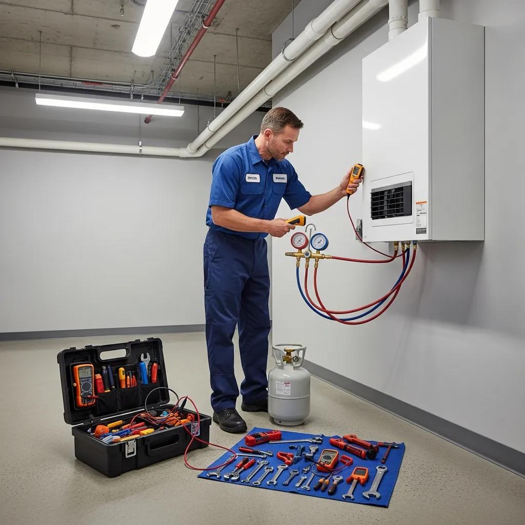 Certified technician inspecting an indoor heat pump unit — professional tune-ups restore performance