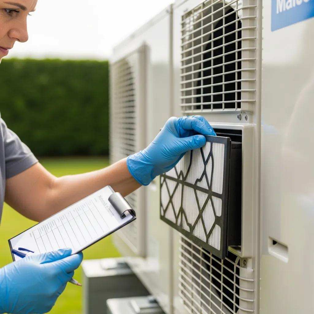 Homeowner checking a heat pump air filter — simple DIY maintenance steps