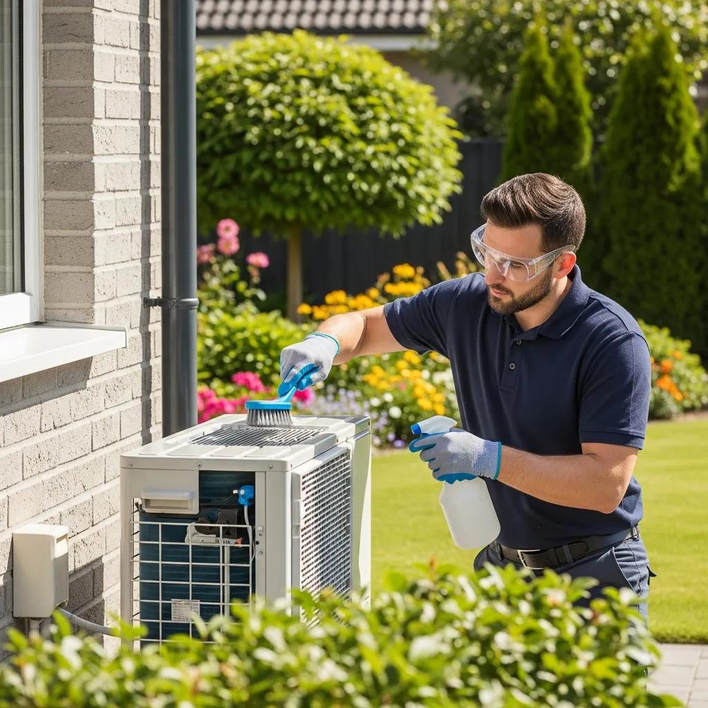 Technician performing maintenance on a heat pump outdoors, highlighting the importance of regular upkeep