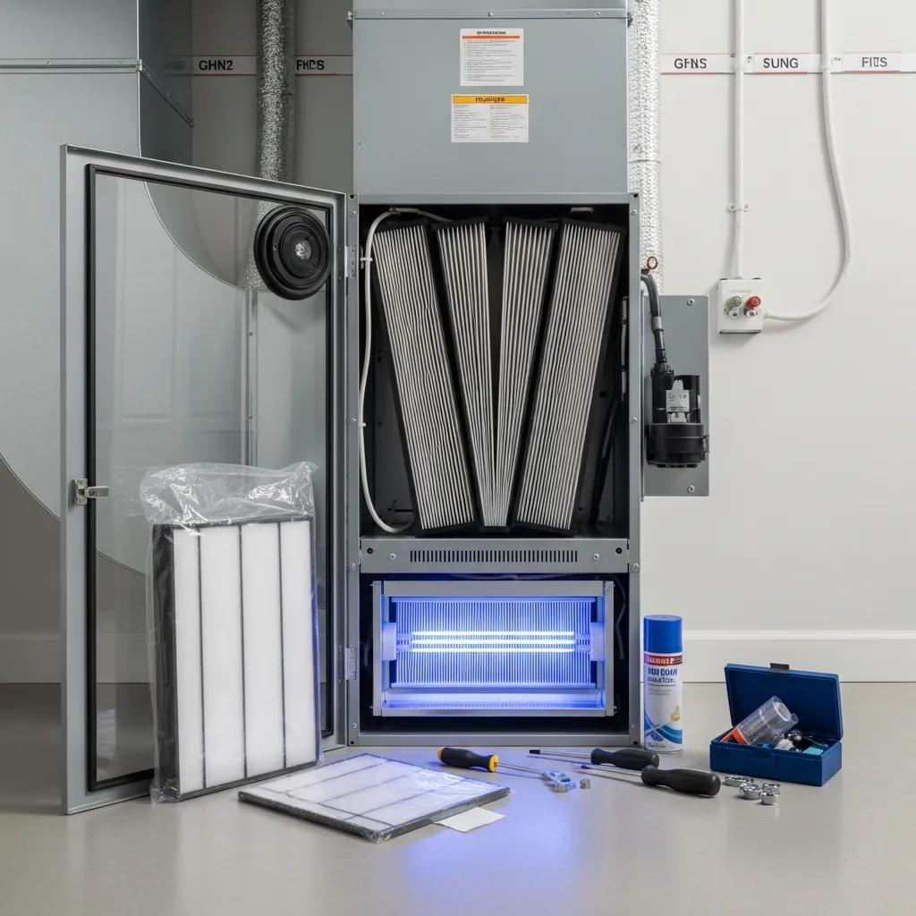 Tips to Improve Your Indoor Air Quality 2 Modern air filtration system components inside a clean utility room with UV germicidal light, new filters, and tools for HVAC maintenance.