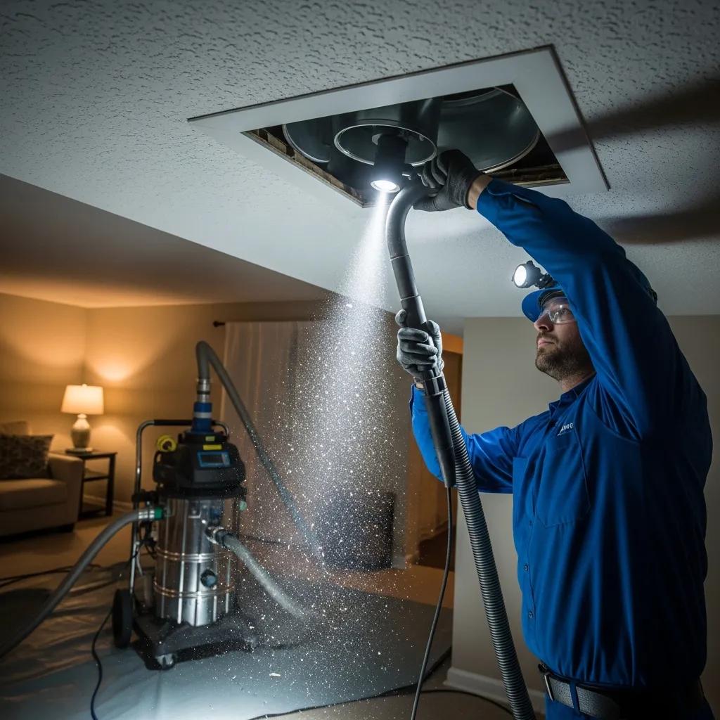 Tips to Improve Your Indoor Air Quality 3 Technician using a vacuum hose to clean air ducts in a residential home, enhancing indoor air quality and removing dust and debris.