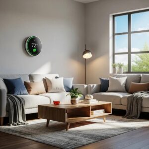 Smart thermostat in a modern living room, highlighting energy efficiency and home automation