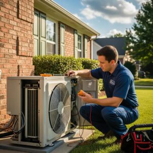 Technician performing annual AC maintenance in a residential setting