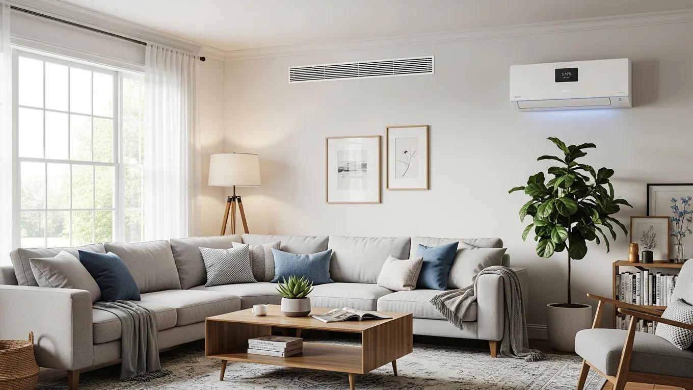 contrast between central air conditioning vents and a ductless mini split system in a cozy living room setting 552fcb2f c60e 421c 9fe4 db11ce0cbd57