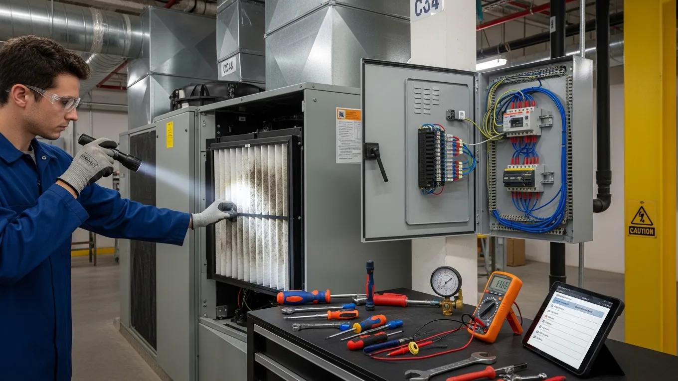 Seasonal HVAC Maintenance Checklist for Peak Performance 3 Technician conducting a comprehensive inspection of an HVAC system components